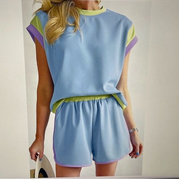 Blue Purple Green Shorts Set Stretch Knit Plus Size 2XL - Picture 1 of 7